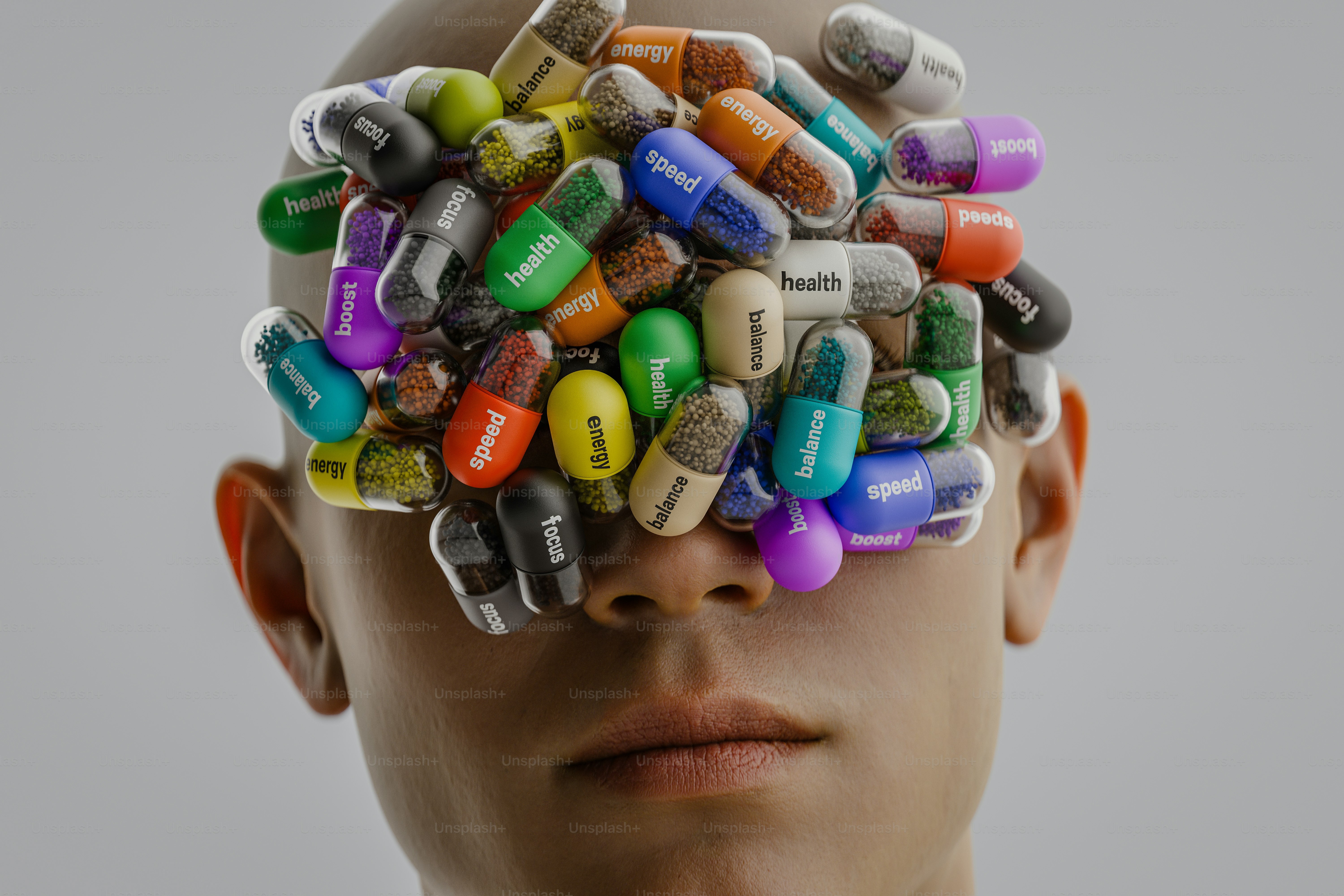 Creative composition of colorful supplement capsules on a human face. 3D render.